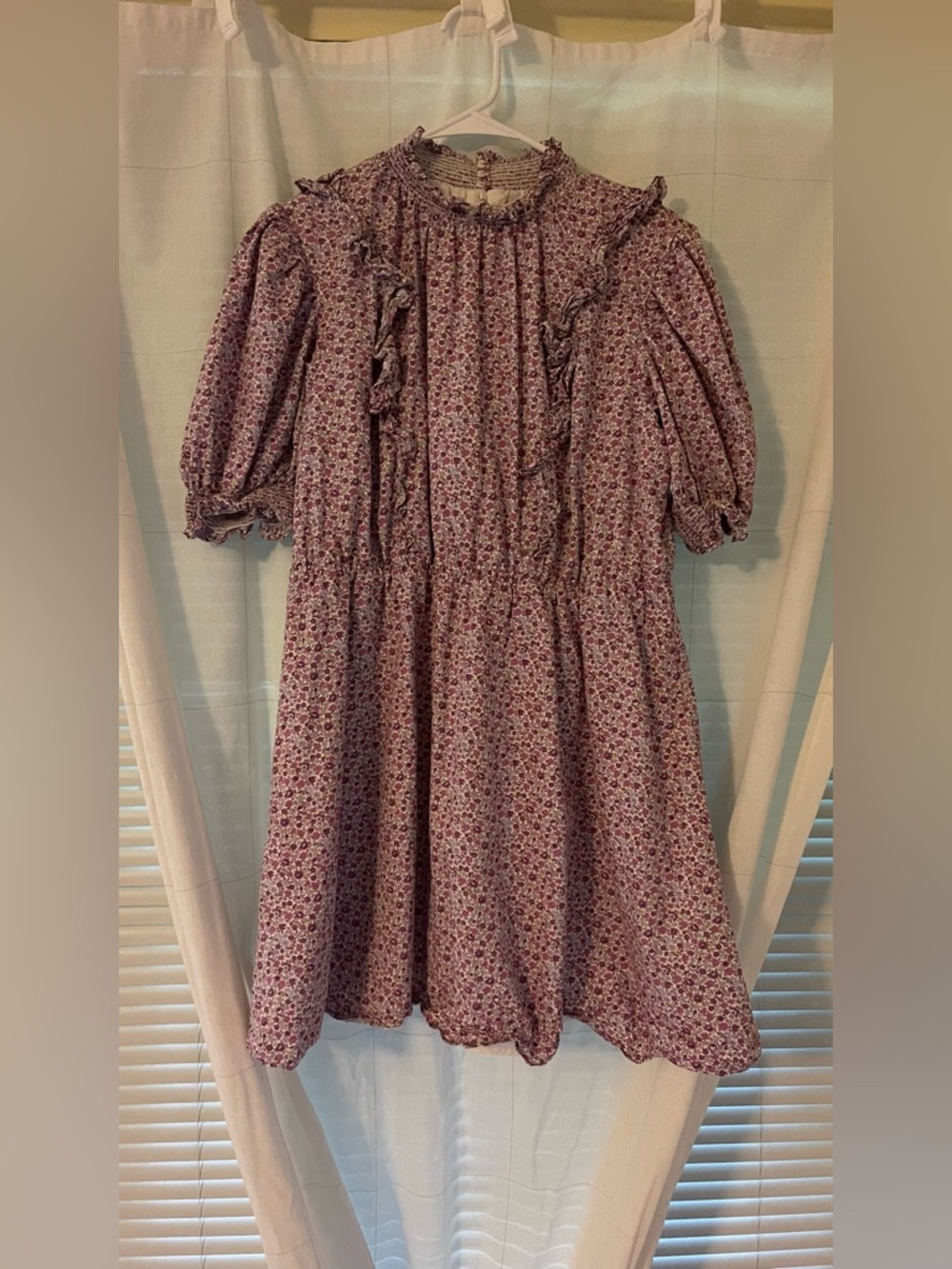 Lavender Floral Ruffle Puff-Sleeve Dress
